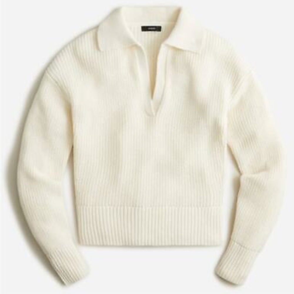 J. Crew White V-Neck Cotton Sweater with Ribbed Detailing